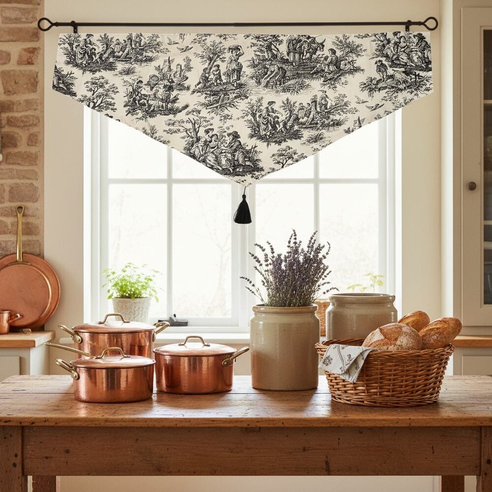 Pair Waverly French Country Life Toile Ascot Valances-Black Cream-New Old Stock